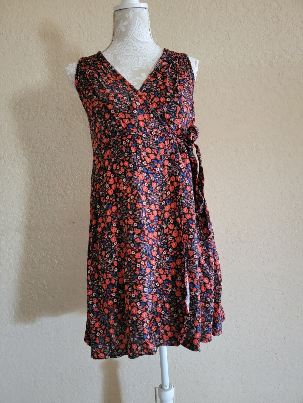 Universal Thread Floral Wrap Dress Red Blue Sleeveless Mini Sundress Sz XS